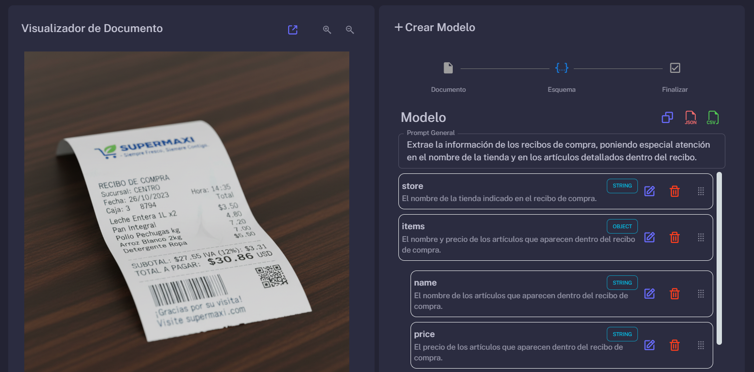 Interfaz de creación de modelo de extracción